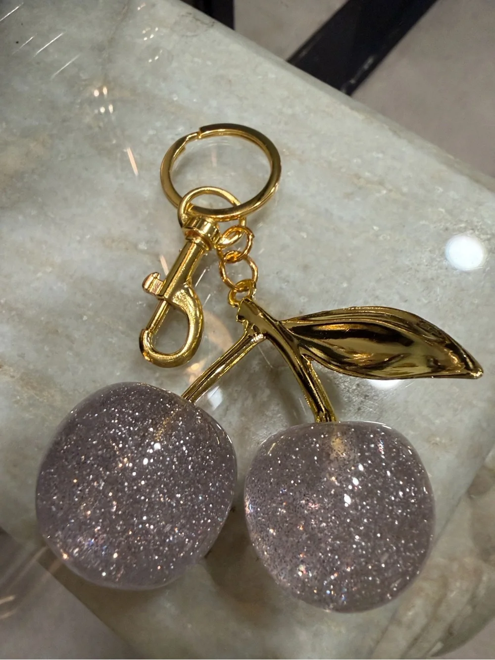 Pick ONE Gold tone Cherry Keychain with Glitter Orbs RED or SILVER